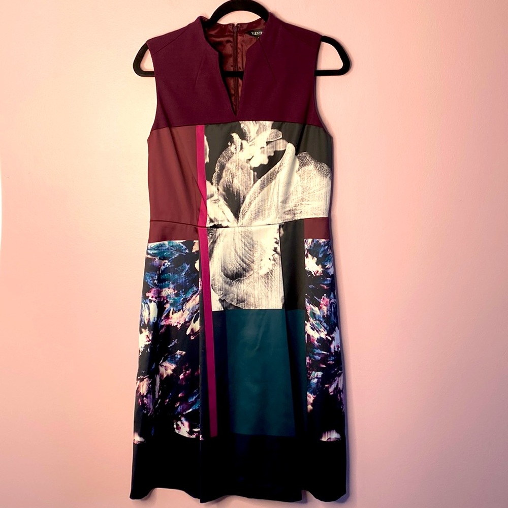 Ellen Tracy - V-neck Color Block Sheath Midi Floral Dress Size 10